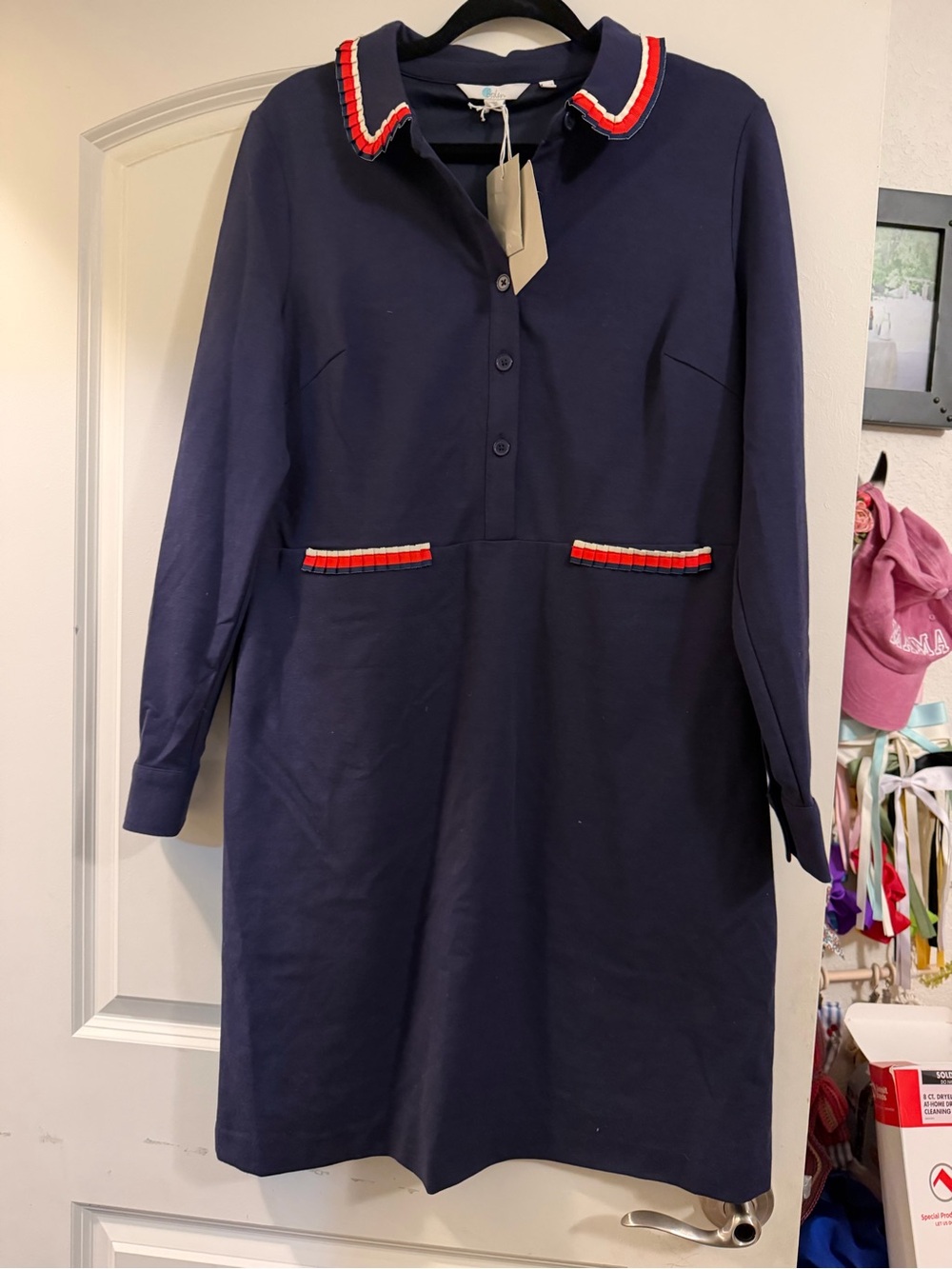 Boden Navy Long-Sleeve Polo Dress with Red and White Trim